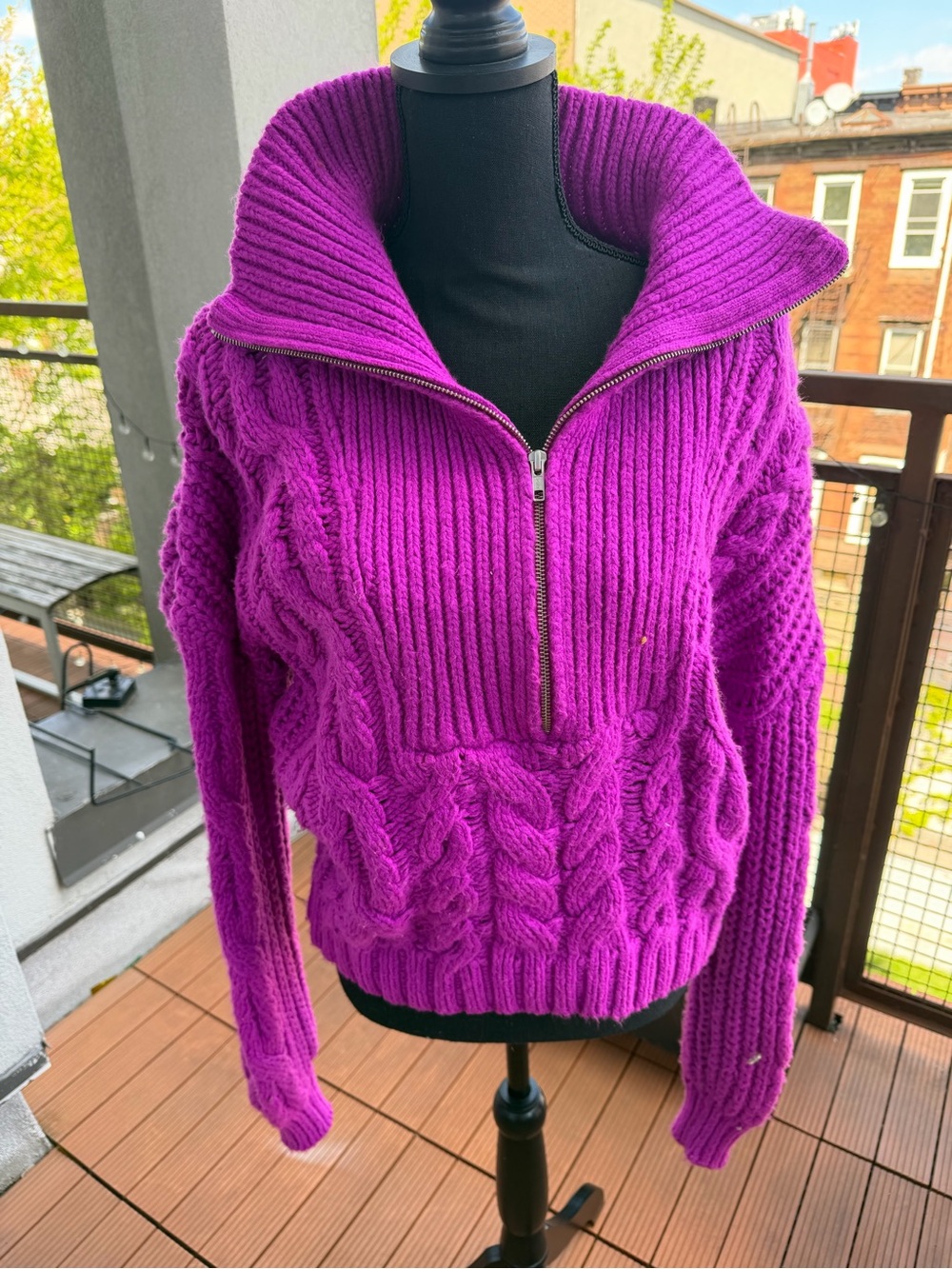 For Love And Lemons Fuchsia Cable-Knit Half-Zip Sweater